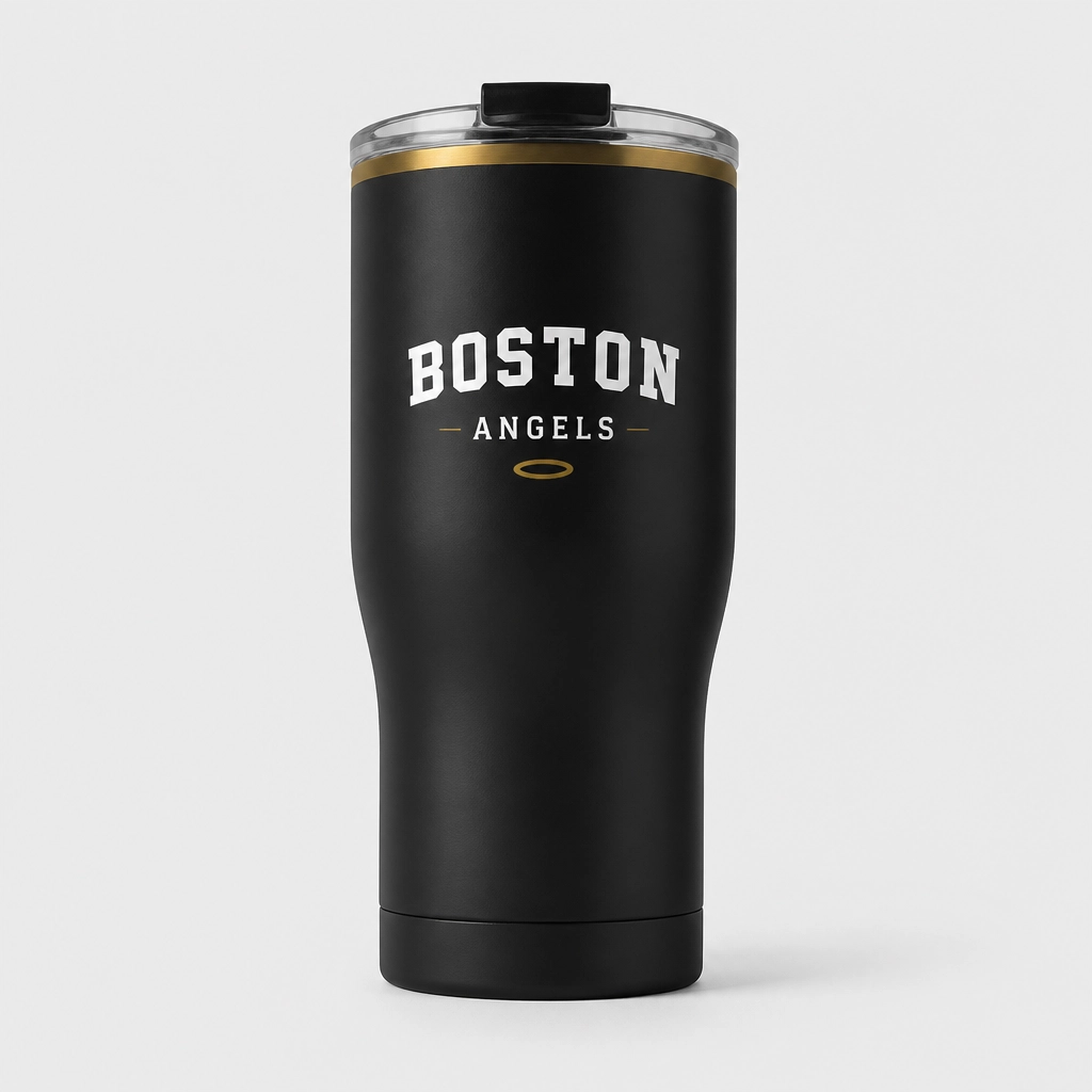 Boston Angels insulated travel tumbler design concept with a clean front wing emblem