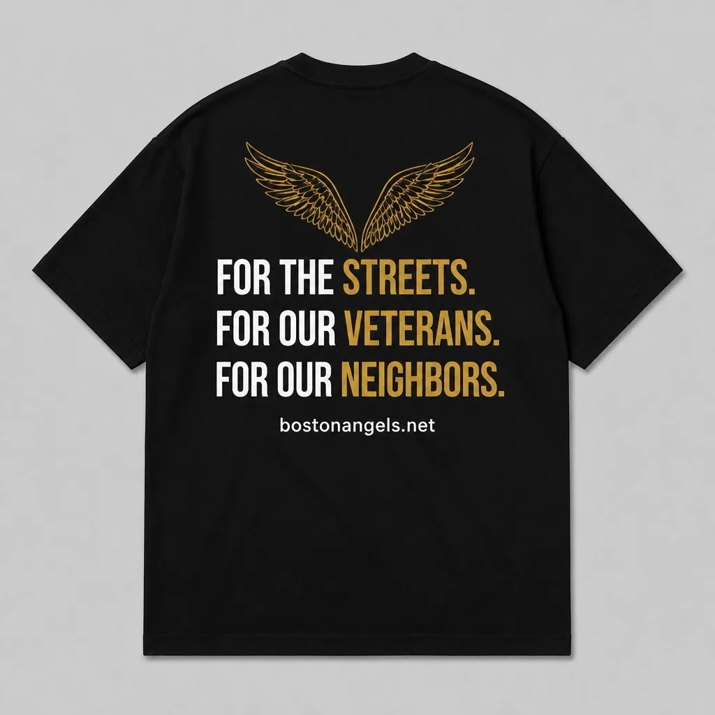 Black Boston Angels T-shirt back concept with the approved mission message in white and gold