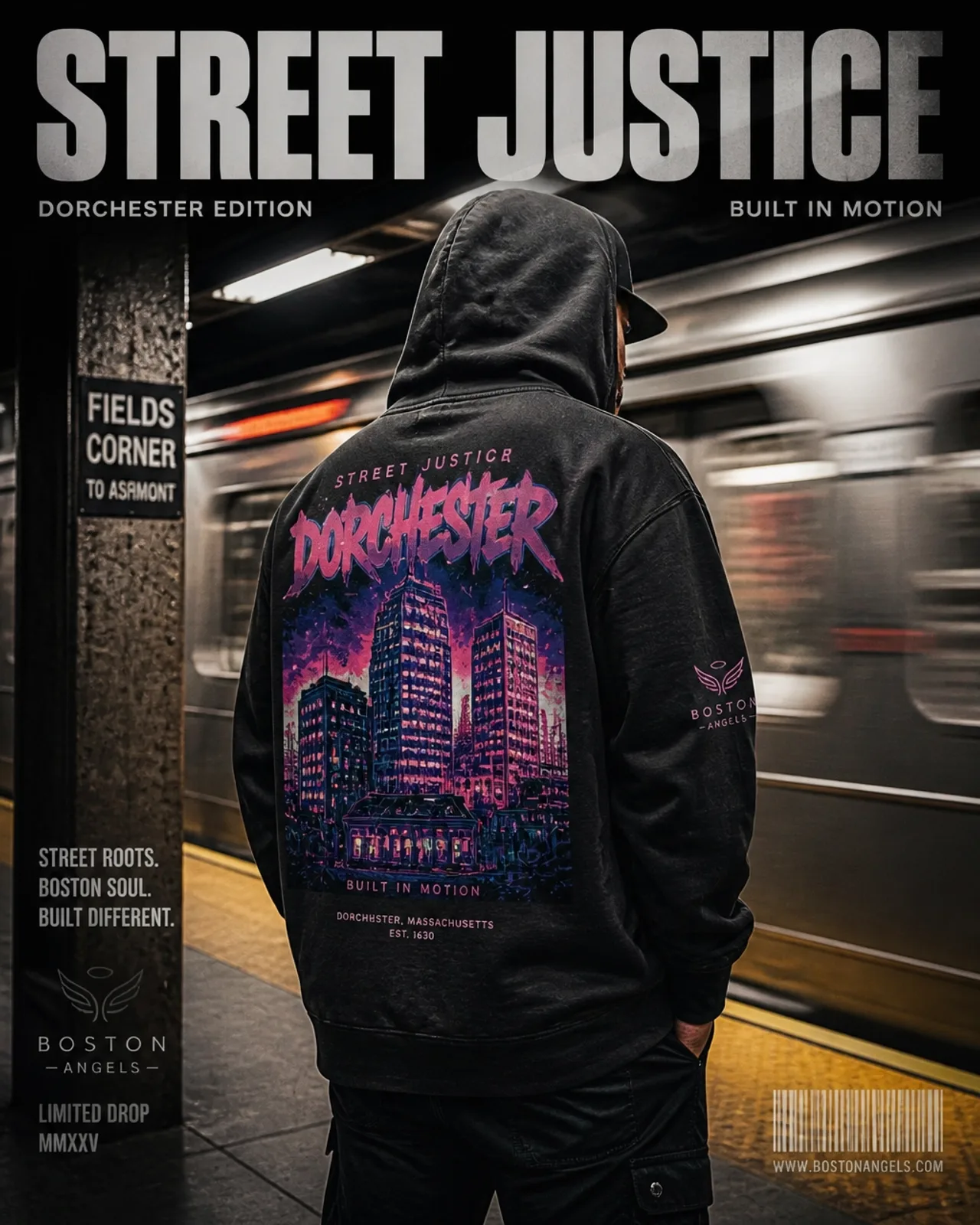 Boston Angels Street Justice Dorchester Hoodie concept with an urban Boston graphic